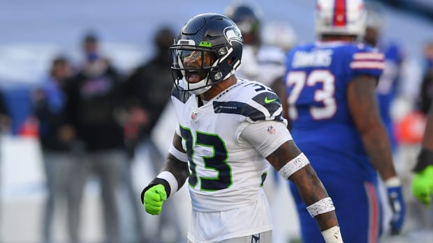 Seattle Seahawks strong safety Jamal Adams (33) reacts to his sack of Buffalo Bills quarterback Josh Allen (not pictured) during the third quarter at Bills Stadium.